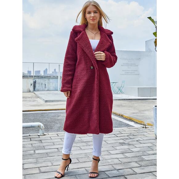 NEW Eilly Bazar Teddy Coat Women's M Burgundy Fuzzy Fleece Button NWOT - Picture 1 of 16